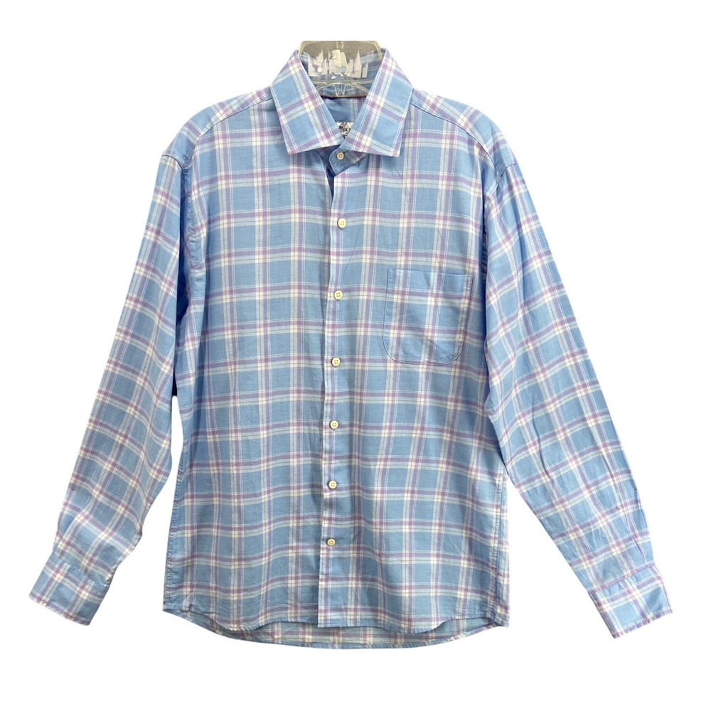 Peter Millar Shirt Mens Sz M Blue Purple Plaid Cotton Button Down Lightweight